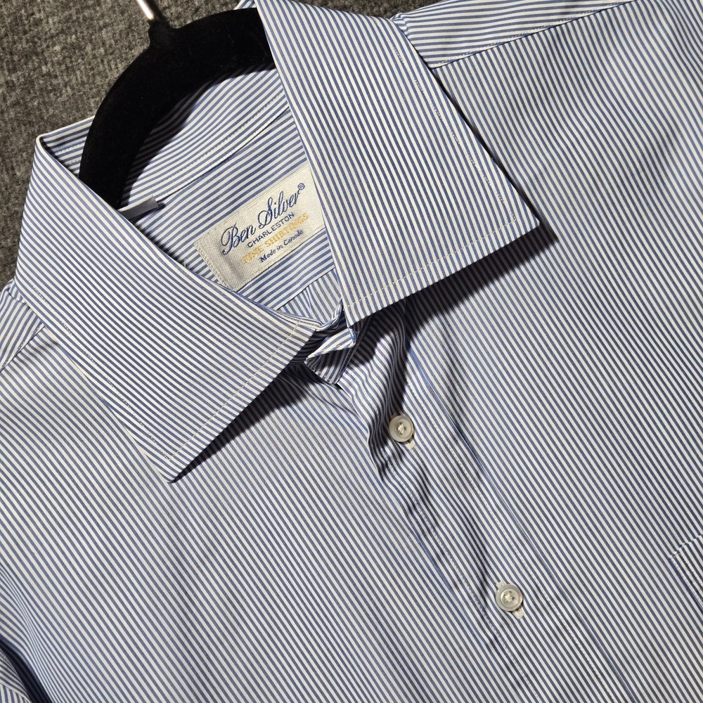 Ben Silver Charleston Shirt Mens 16-34 Blue Stripe Long Sleeve Button Up Cotton